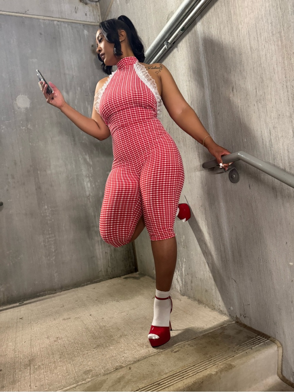 JLorraine Red Gingham Halter Jumpsuit with Lace Trim